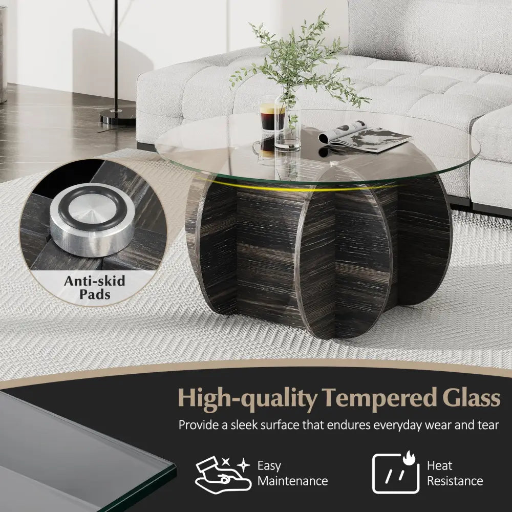 35’’ Round Coffee Table Unique Circle Center Table with Tempered Glass Top and Solid Wood Base-Black - Black - Coffee