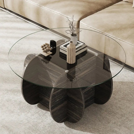 35" Round Coffee Table Unique Circle Center Table with Tempered Glass Top and Solid Wood Base-Black Costway