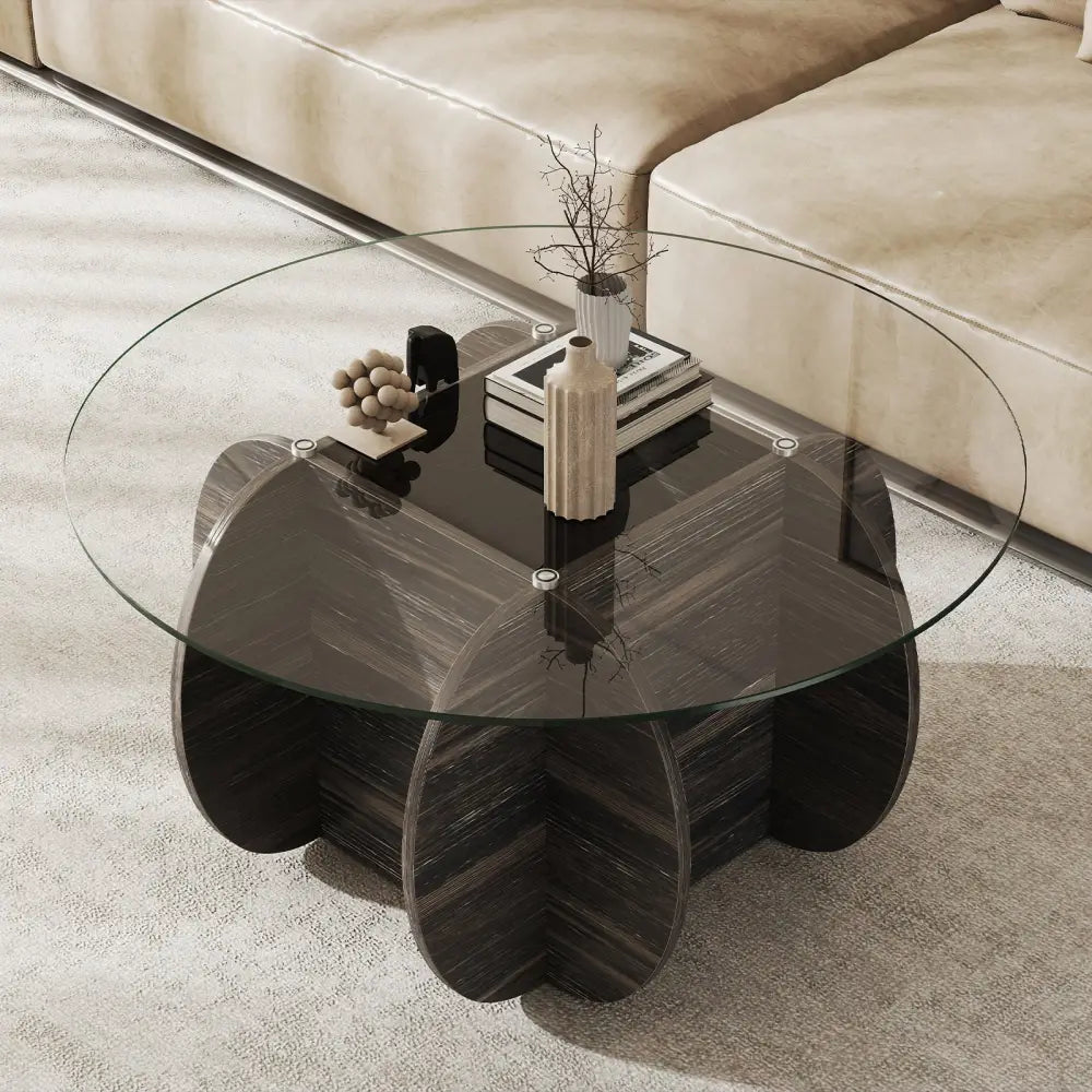 35’’ Round Coffee Table Unique Circle Center Table with Tempered Glass Top and Solid Wood Base-Black - Black - Coffee