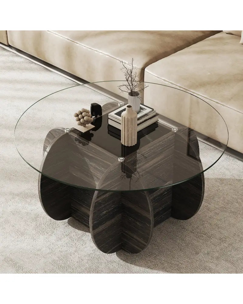 35’’ Round Coffee Table Unique Circle Center Table with Tempered Glass Top and Solid Wood Base-Black - Black - Coffee