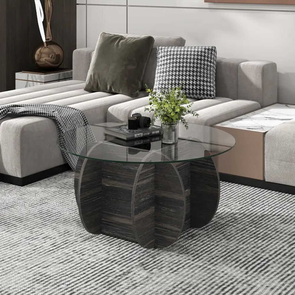 35’’ Round Coffee Table Unique Circle Center Table with Tempered Glass Top and Solid Wood Base-Black - Black - Coffee