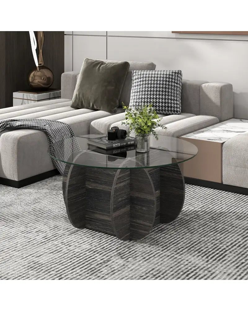 35’’ Round Coffee Table Unique Circle Center Table with Tempered Glass Top and Solid Wood Base-Black - Black - Coffee