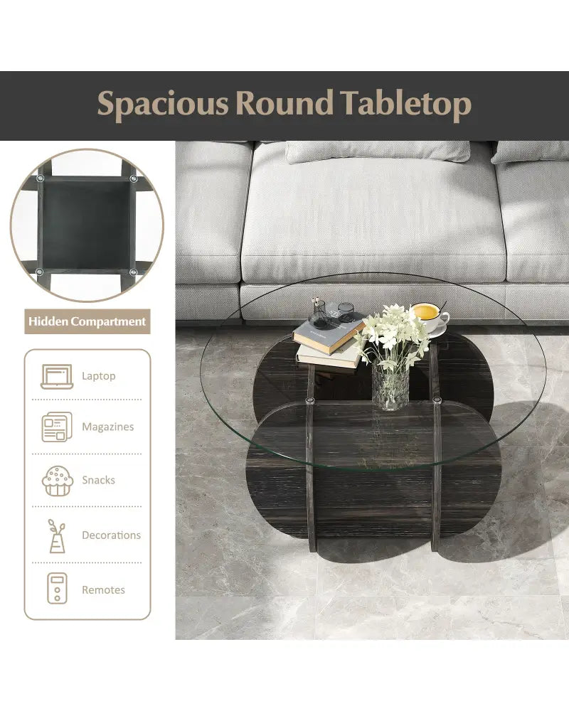 35’’ Round Coffee Table Unique Circle Center Table with Tempered Glass Top and Solid Wood Base-Black - Black - Coffee