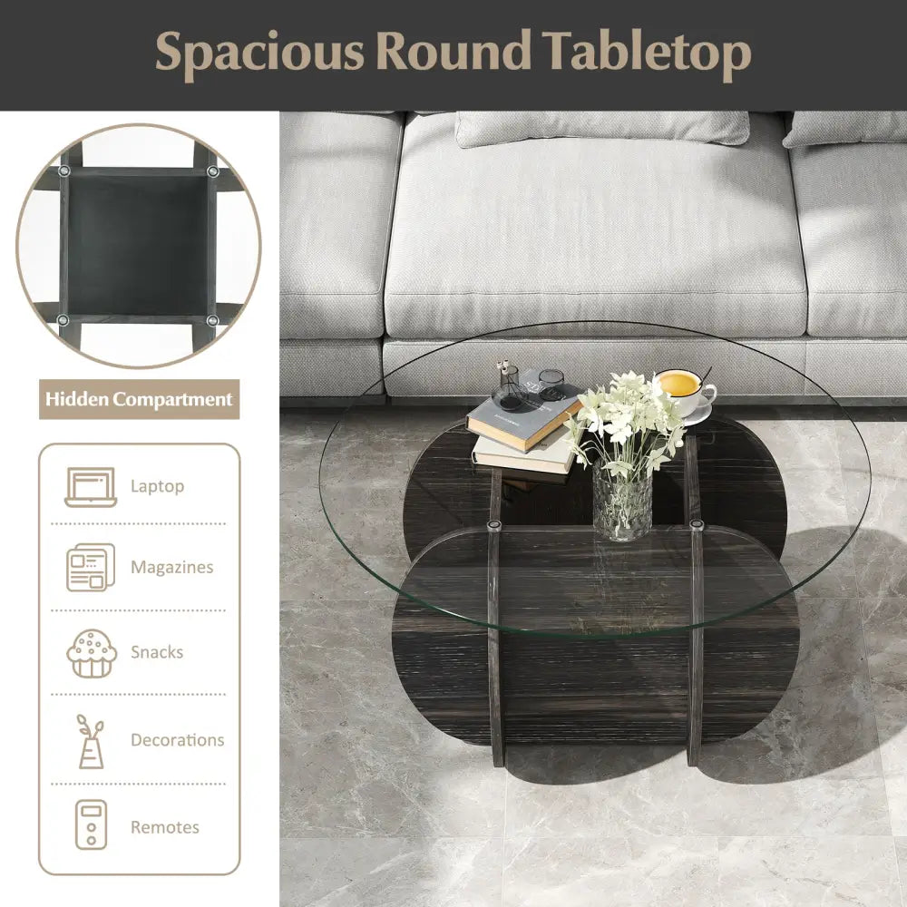 35’’ Round Coffee Table Unique Circle Center Table with Tempered Glass Top and Solid Wood Base-Black - Black - Coffee