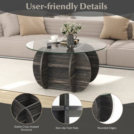 35" Round Coffee Table Unique Circle Center Table with Tempered Glass Top and Solid Wood Base-Black Costway