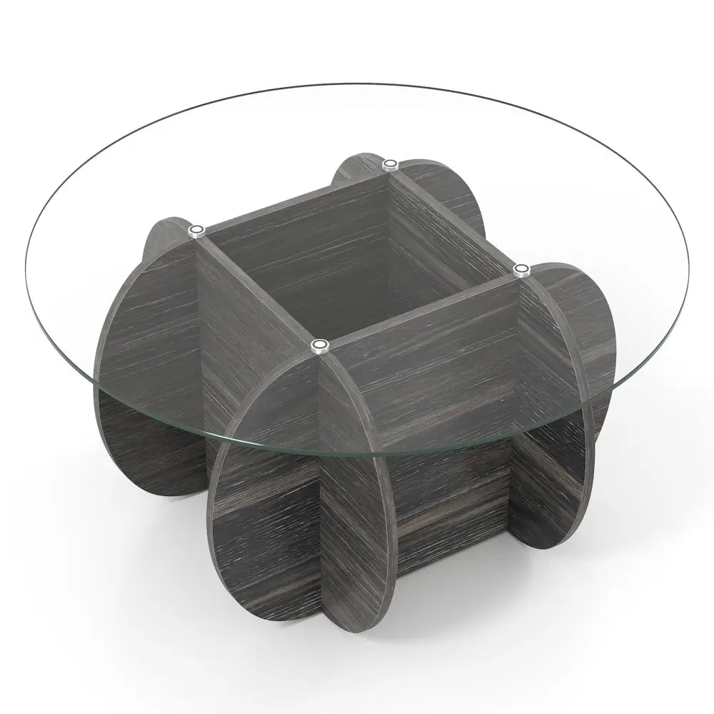 35’’ Round Coffee Table Unique Circle Center Table with Tempered Glass Top and Solid Wood Base-Black - Black - Coffee
