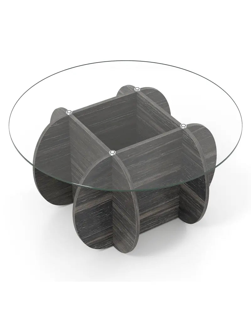 35’’ Round Coffee Table Unique Circle Center Table with Tempered Glass Top and Solid Wood Base-Black - Black - Coffee