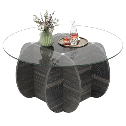 35" Round Coffee Table Unique Circle Center Table with Tempered Glass Top and Solid Wood Base-Black Costway