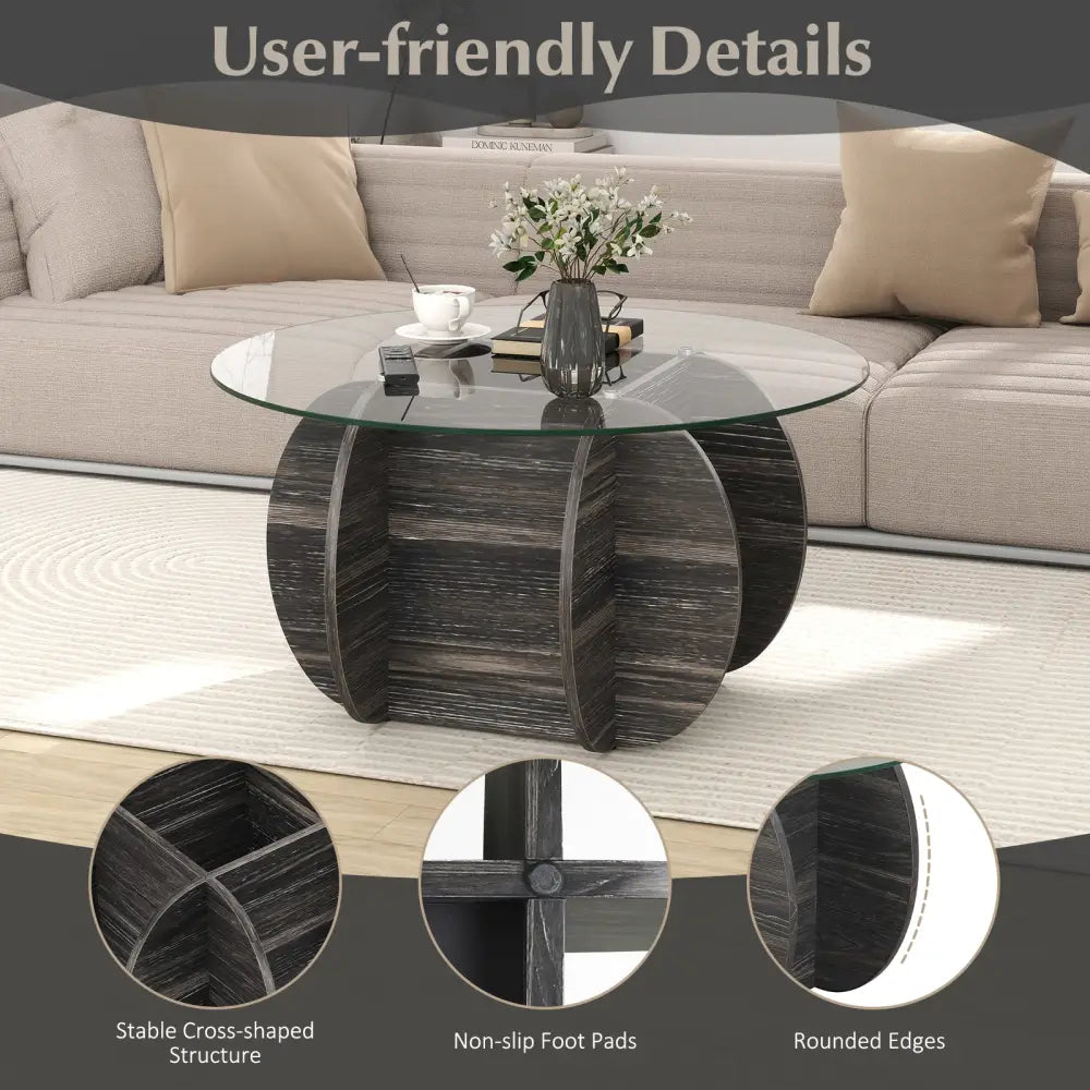 35’’ Round Coffee Table Unique Circle Center Table with Tempered Glass Top and Solid Wood Base-Black - Black - Coffee