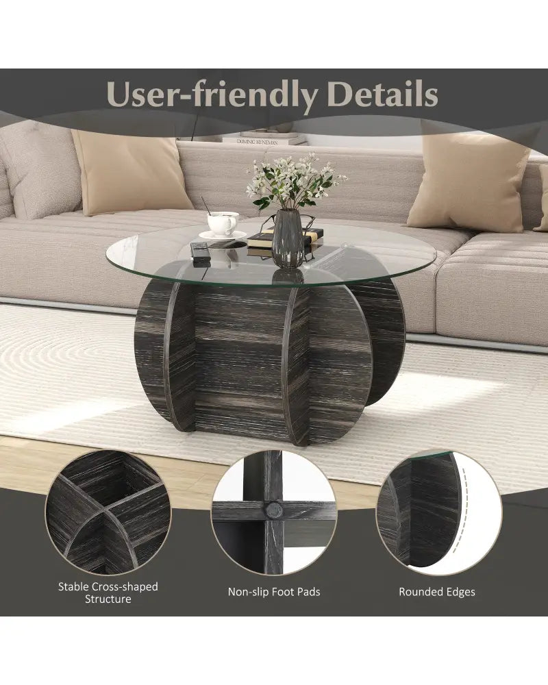 35’’ Round Coffee Table Unique Circle Center Table with Tempered Glass Top and Solid Wood Base-Black - Black - Coffee