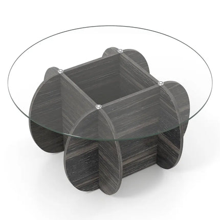 35" Round Coffee Table Unique Circle Center Table with Tempered Glass Top and Solid Wood Base-Black Costway