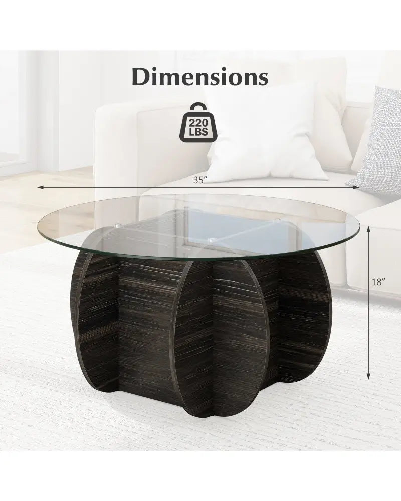 35’’ Round Coffee Table Unique Circle Center Table with Tempered Glass Top and Solid Wood Base-Black - Black - Coffee