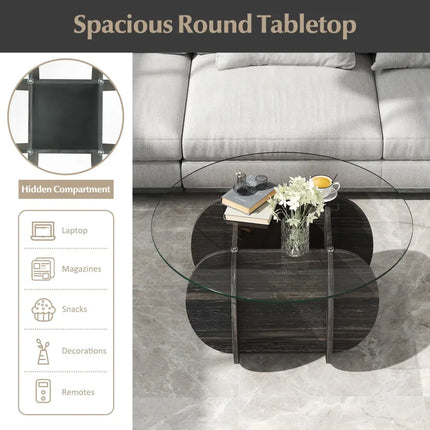 35" Round Coffee Table Unique Circle Center Table with Tempered Glass Top and Solid Wood Base-Black Costway