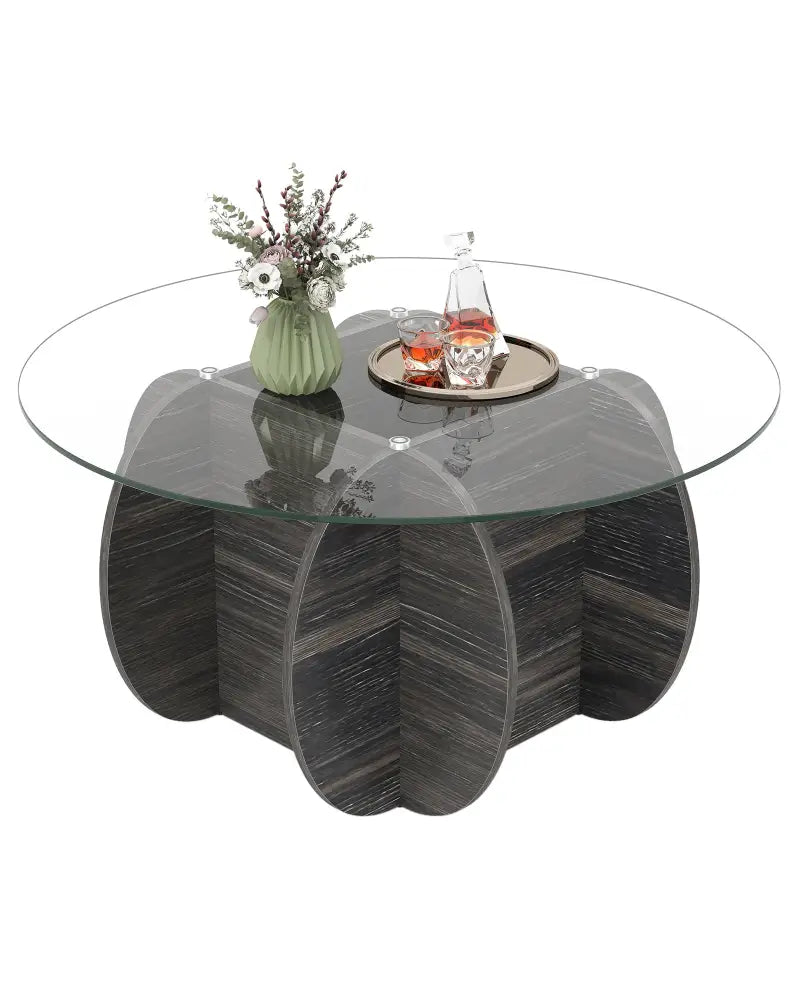 35’’ Round Coffee Table Unique Circle Center Table with Tempered Glass Top and Solid Wood Base-Black - Black - Coffee
