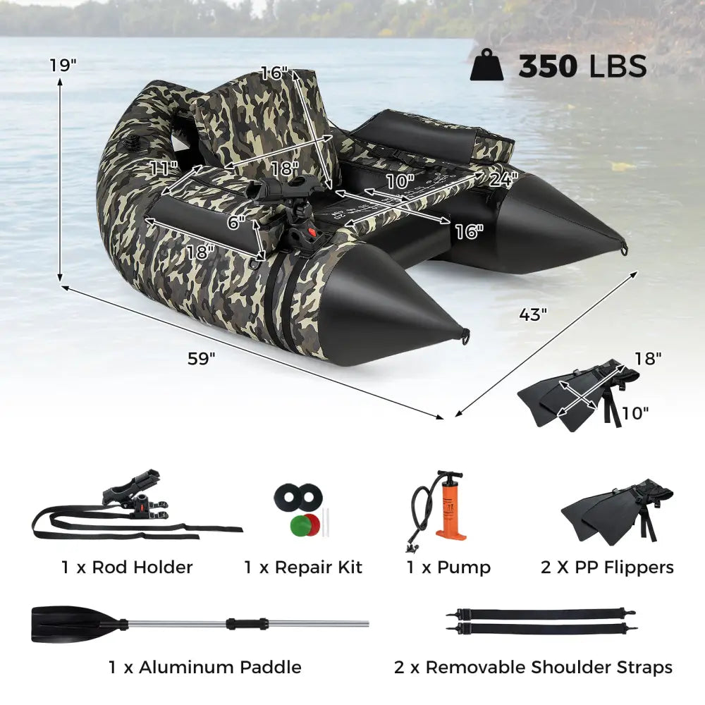 350 LBS Inflatable Fishing Float Tube with Adjustable Backrest and Backpack Straps-Camouflage - Camouflage - Water