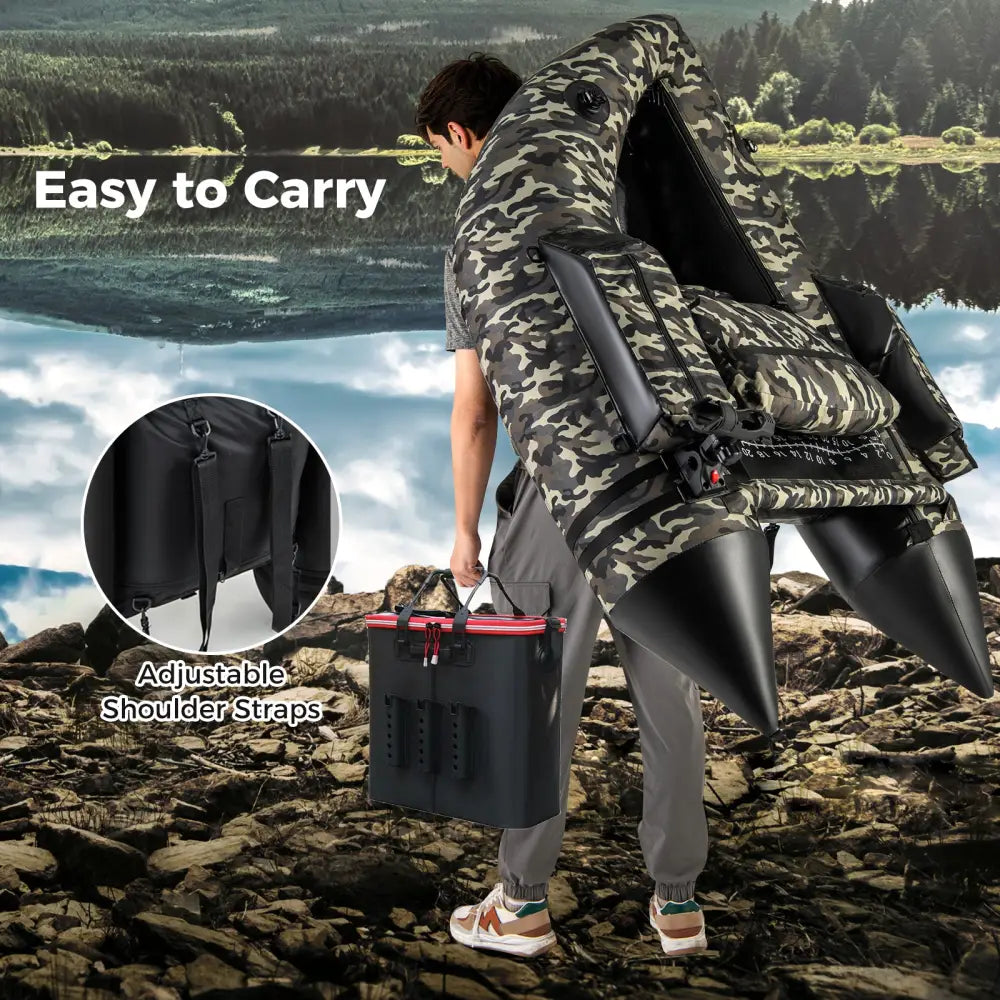 350 LBS Inflatable Fishing Float Tube with Adjustable Backrest and Backpack Straps-Camouflage - Camouflage - Water