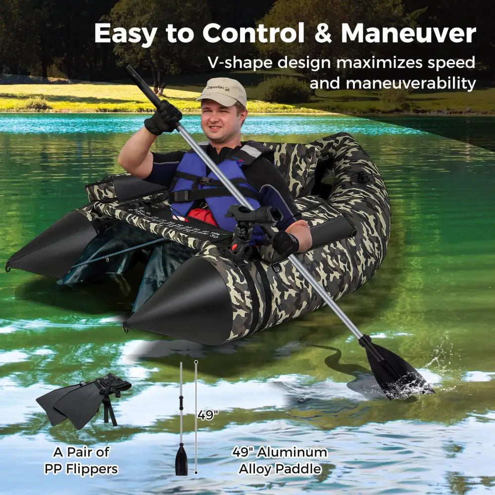 350 LBS Inflatable Fishing Float Tube with Adjustable Backrest and Backpack Straps-Camouflage - Camouflage - Water