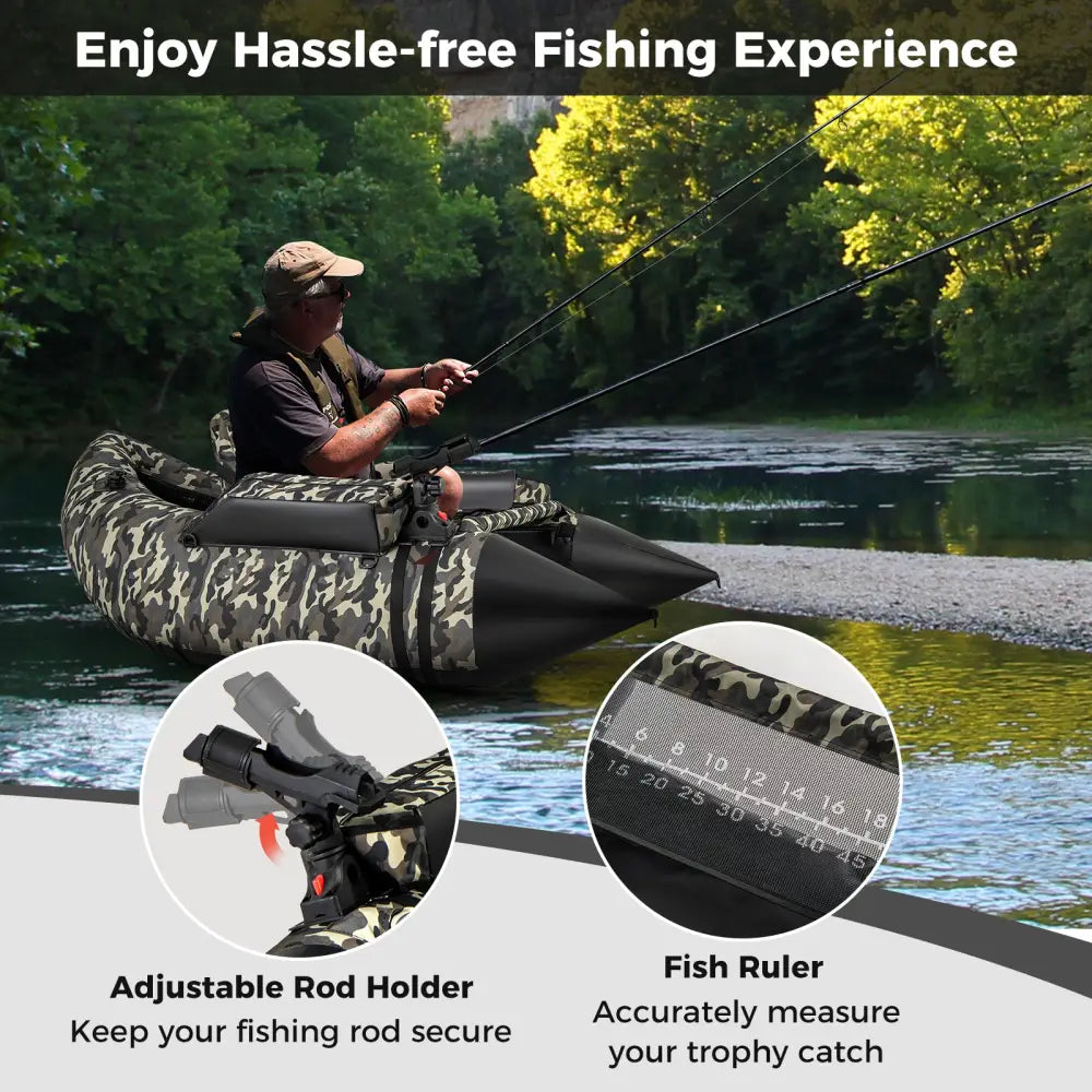 350 LBS Inflatable Fishing Float Tube with Adjustable Backrest and Backpack Straps-Camouflage - Camouflage - Water