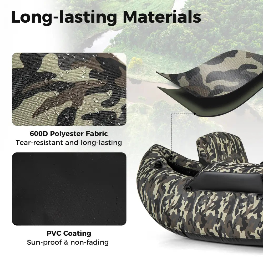 350 LBS Inflatable Fishing Float Tube with Adjustable Backrest and Backpack Straps-Camouflage - Camouflage - Water