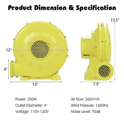 350 Watt 0.5 HP Air Blower Pump Fan for Inflatable Bounce House and Bouncy Castle-Yellow - Yellow - Air Blowers