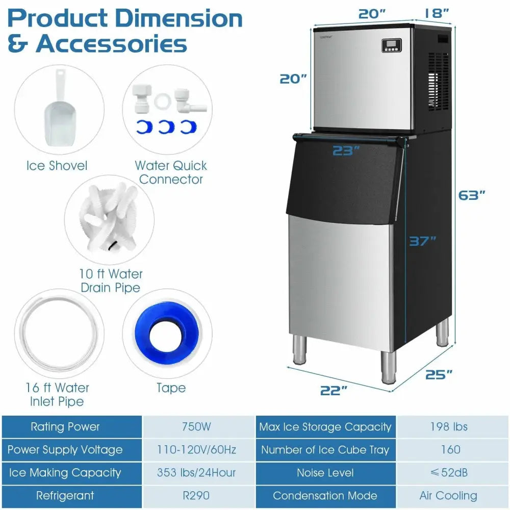 353LBS/24H Split Commercial Ice Maker with 198 LBS Storage Bin Costway