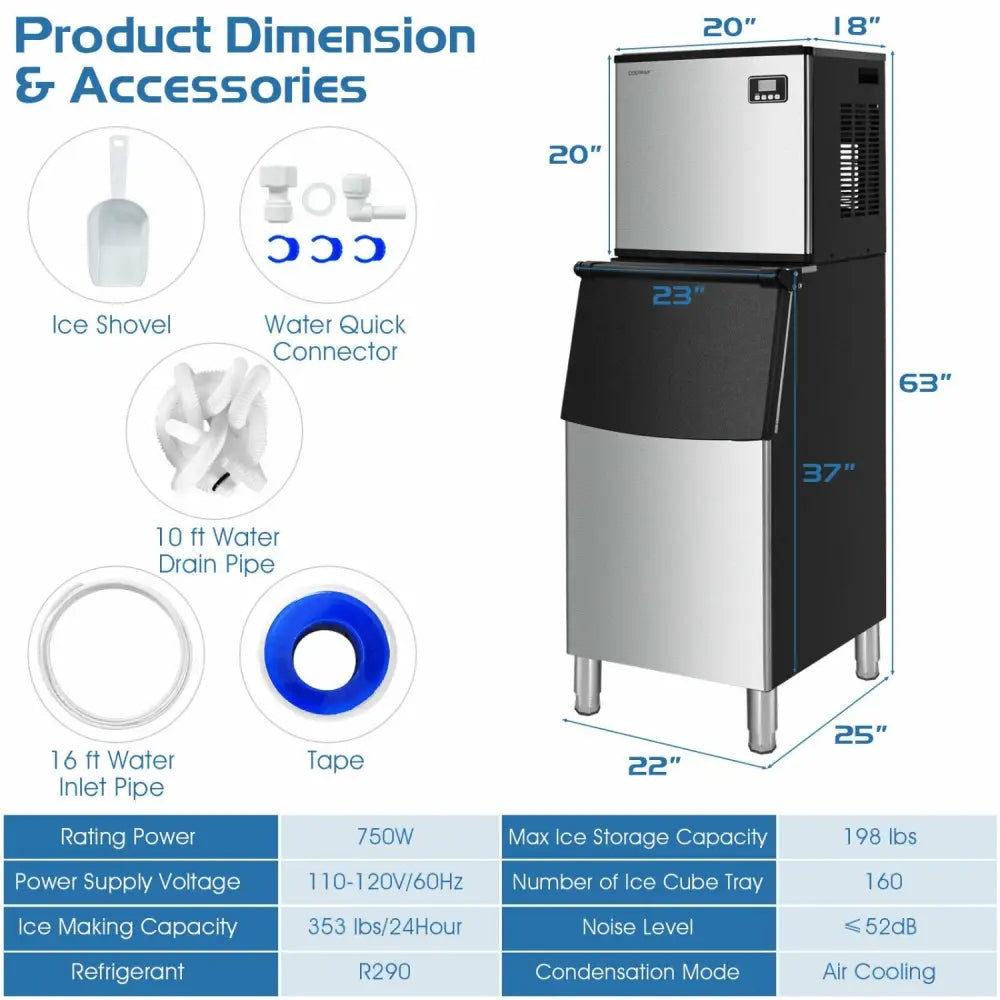 353LBS/24H Split Commercial Ice Maker with 198 LBS Storage Bin - Silver - Ice Makers
