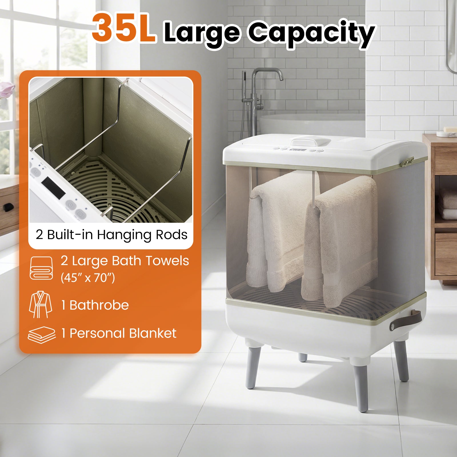 35L Large Towel Warmer with Heating and Drying Modes for Bathroom-Beige