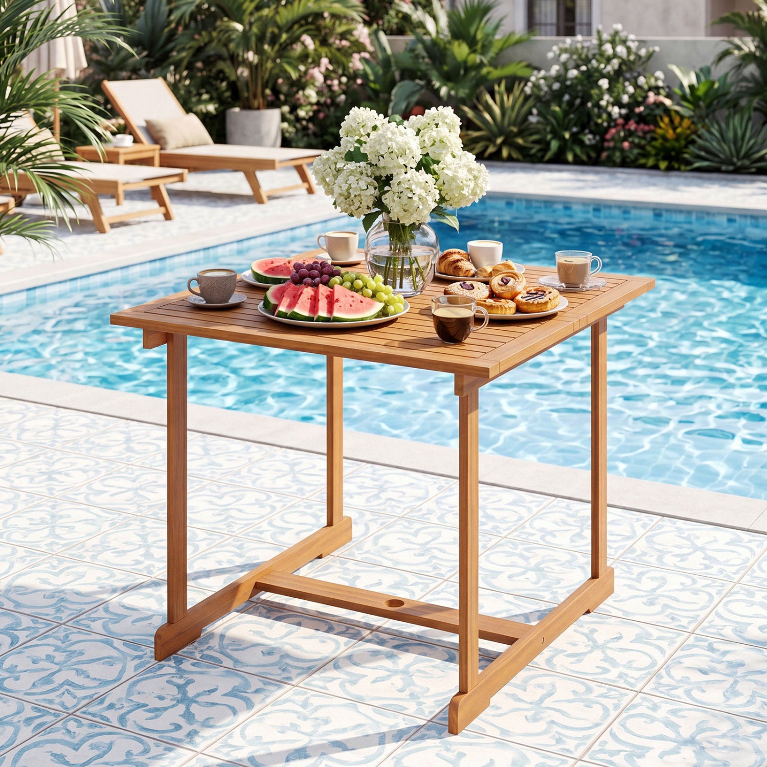 35.5" Acacia Wood Outdoor Dining Table with Umbrella Hole and Reinforced Crossbar for 4
