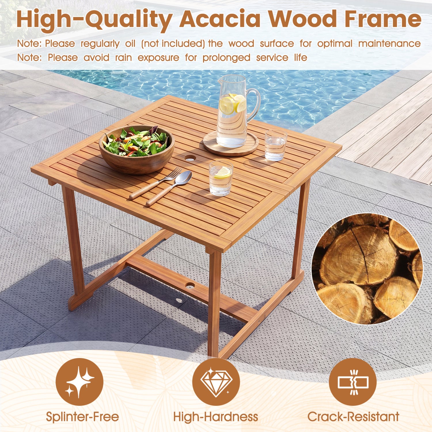 35.5" Acacia Wood Outdoor Dining Table with Umbrella Hole and Reinforced Crossbar for 4