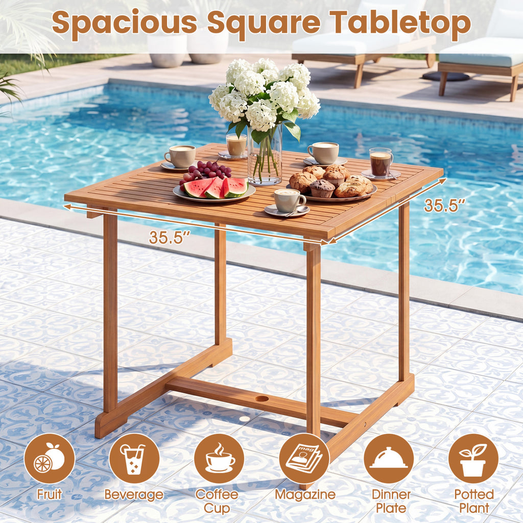 35.5" Acacia Wood Outdoor Dining Table with Umbrella Hole and Reinforced Crossbar for 4