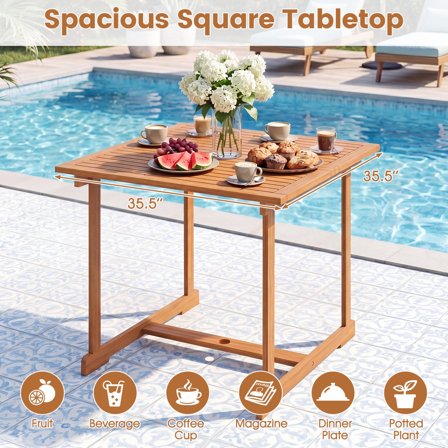 35.5" Acacia Wood Outdoor Dining Table with Umbrella Hole and Reinforced Crossbar for 4