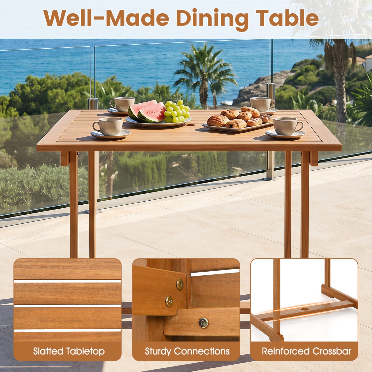 35.5" Acacia Wood Outdoor Dining Table with Umbrella Hole and Reinforced Crossbar for 4
