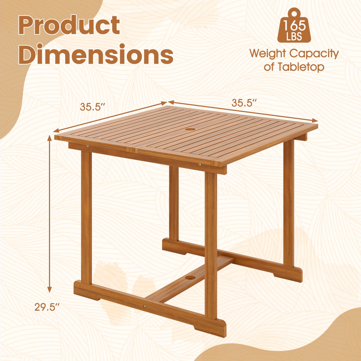 35.5" Acacia Wood Outdoor Dining Table with Umbrella Hole and Reinforced Crossbar for 4