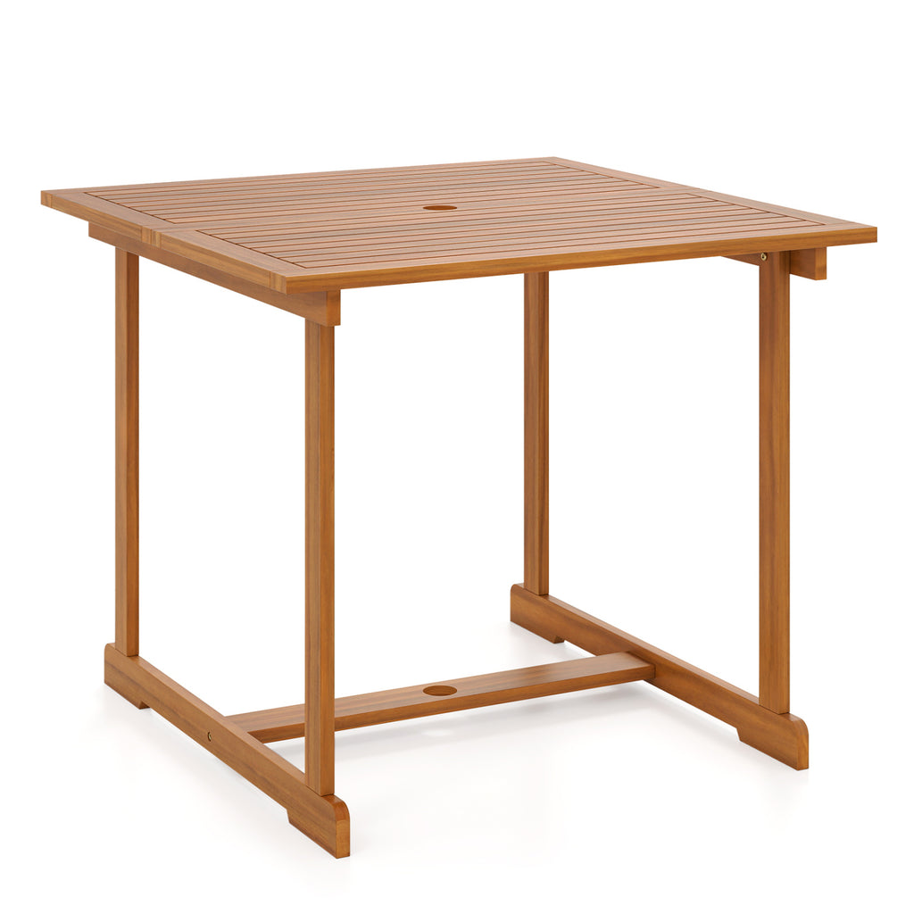 35.5" Acacia Wood Outdoor Dining Table with Umbrella Hole and Reinforced Crossbar for 4
