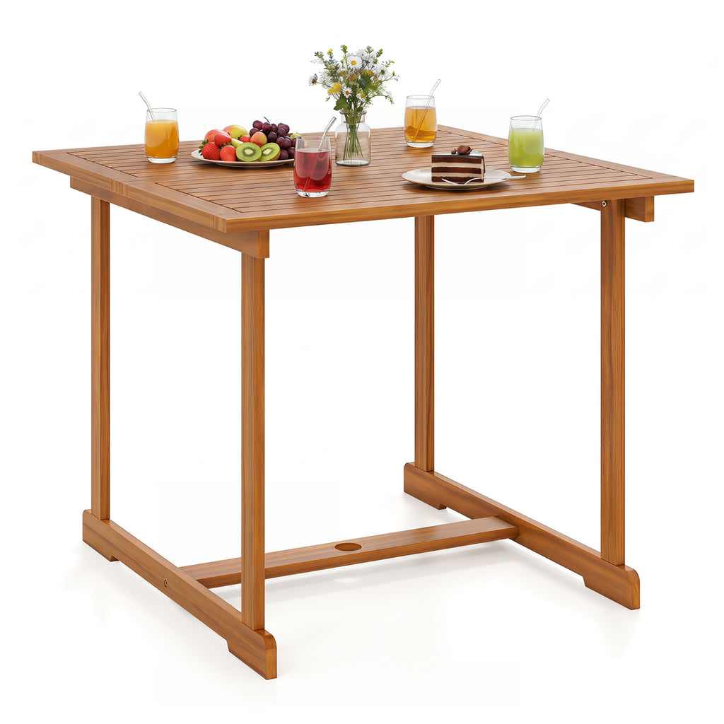 35.5" Acacia Wood Outdoor Dining Table with Umbrella Hole and Reinforced Crossbar for 4
