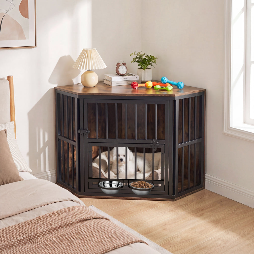 35.5 inches Wooden Dog Kennel End Table with 3-Position Dog Bowl Rack-Rustic Brown