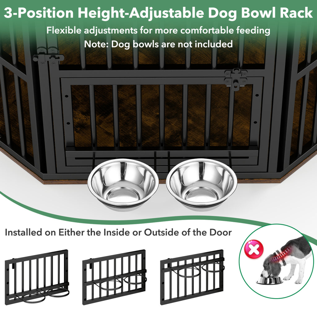 35.5 inches Wooden Dog Kennel End Table with 3-Position Dog Bowl Rack-Rustic Brown