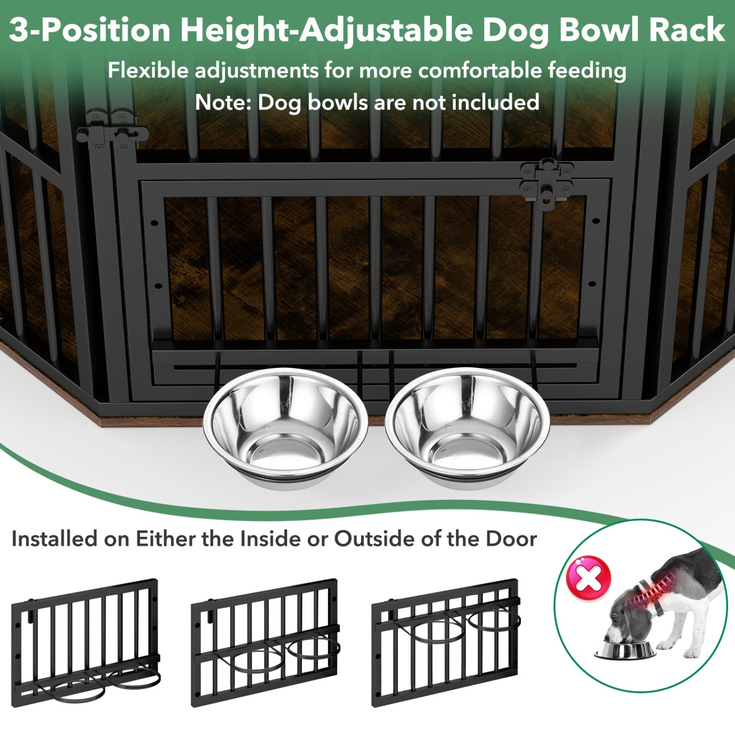 35.5 inches Wooden Dog Kennel End Table with 3-Position Dog Bowl Rack-Rustic Brown