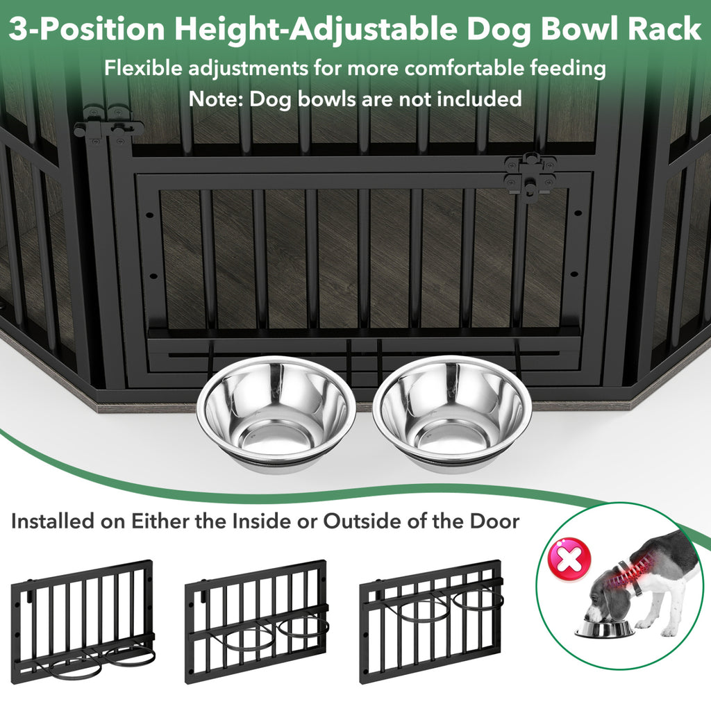 35.5 inches Wooden Dog Kennel End Table with 3-Position Dog Bowl Rack-Oak