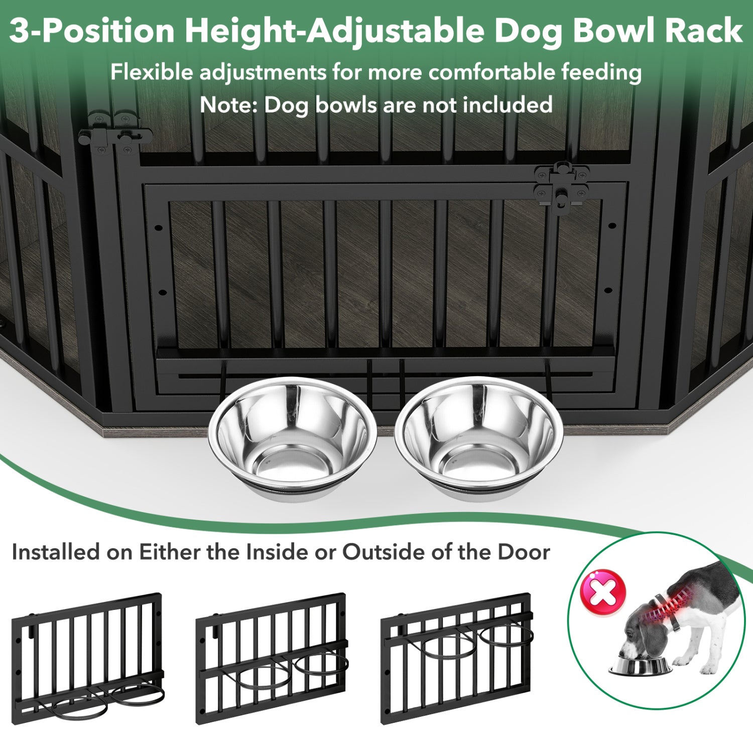 35.5 inches Wooden Dog Kennel End Table with 3-Position Dog Bowl Rack-Oak