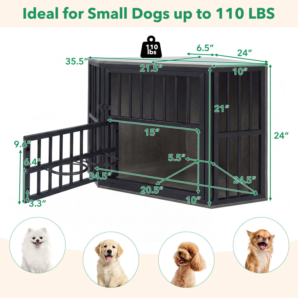 35.5 inches Wooden Dog Kennel End Table with 3-Position Dog Bowl Rack-Oak