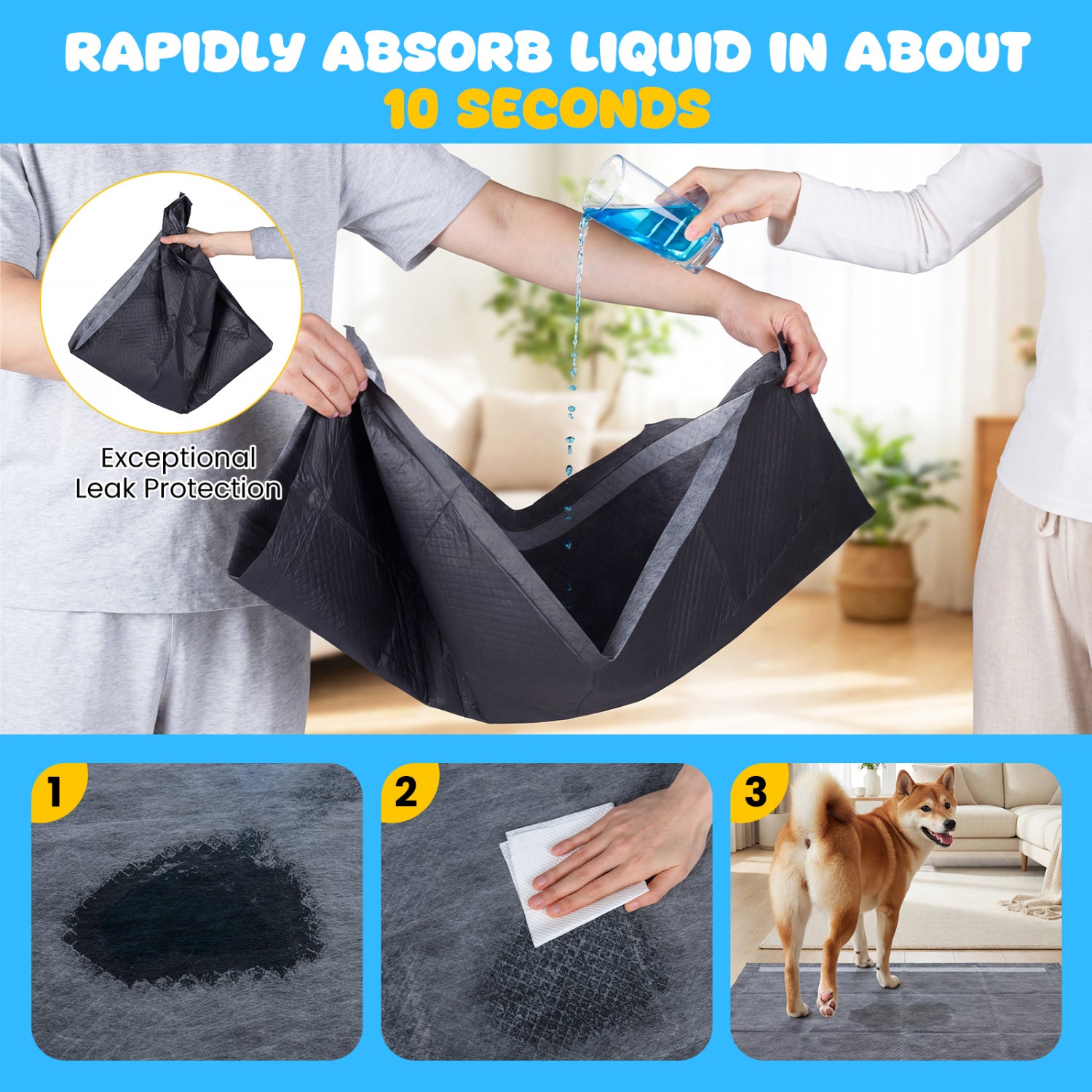 35.5" x 24" Charcoal Dog Pee Pads 6-Layer for Dogs-Black