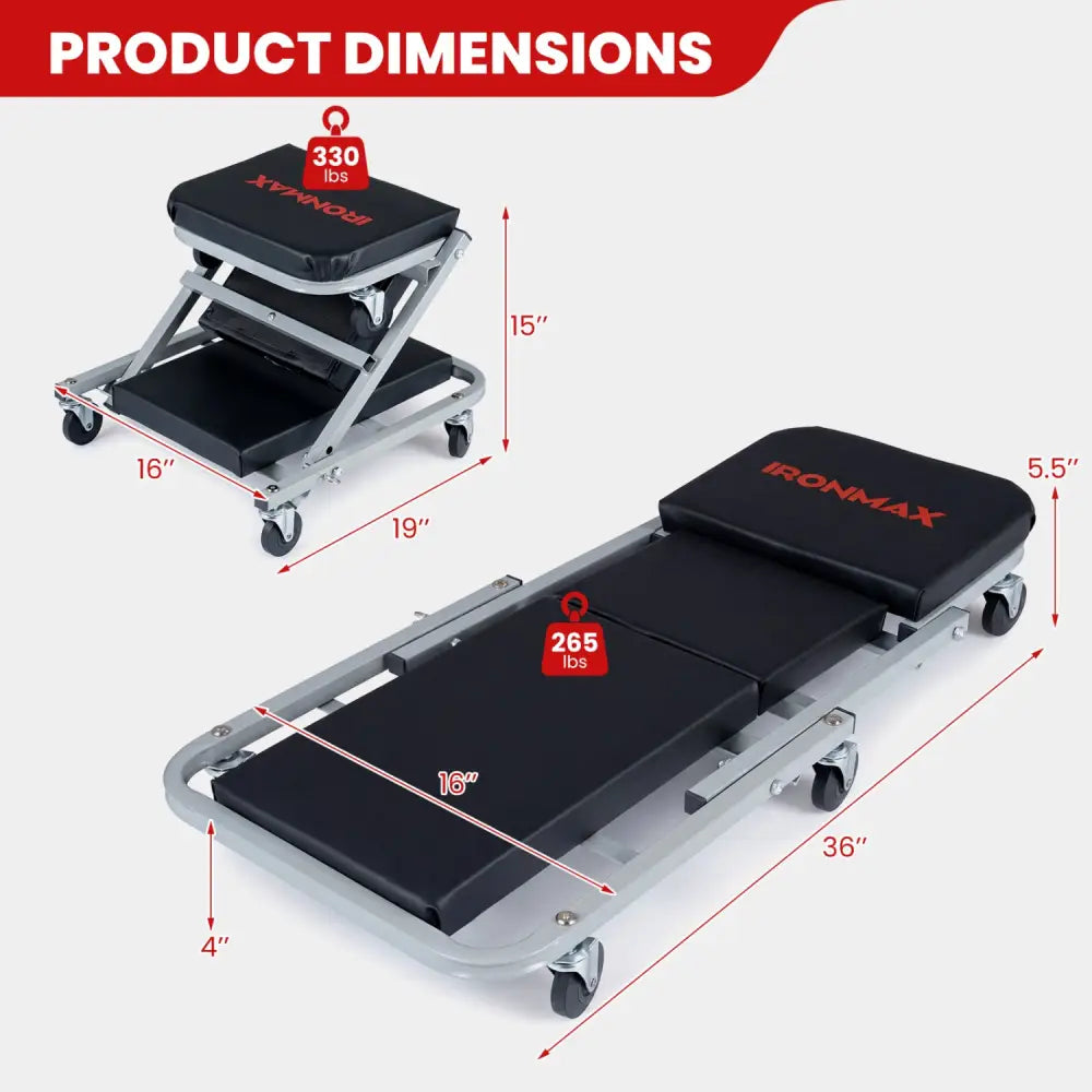 36’’ 2-in-1 Mechanic Creeper and Z-Seat with 6 Swivel Casters-Black - Black & Gray - Garages
