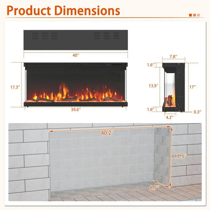 36/40/50/60 Inch Wide 3-Sided Electric Fireplace Insert with Remote Control and 12 Flame Colors-40 inches Costway