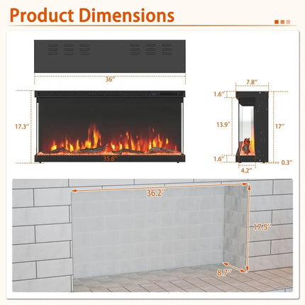 36/40/50/60 Inch Wide 3-Sided Electric Fireplace Insert with Remote Control and 12 Flame Colors-36 Inch Costway