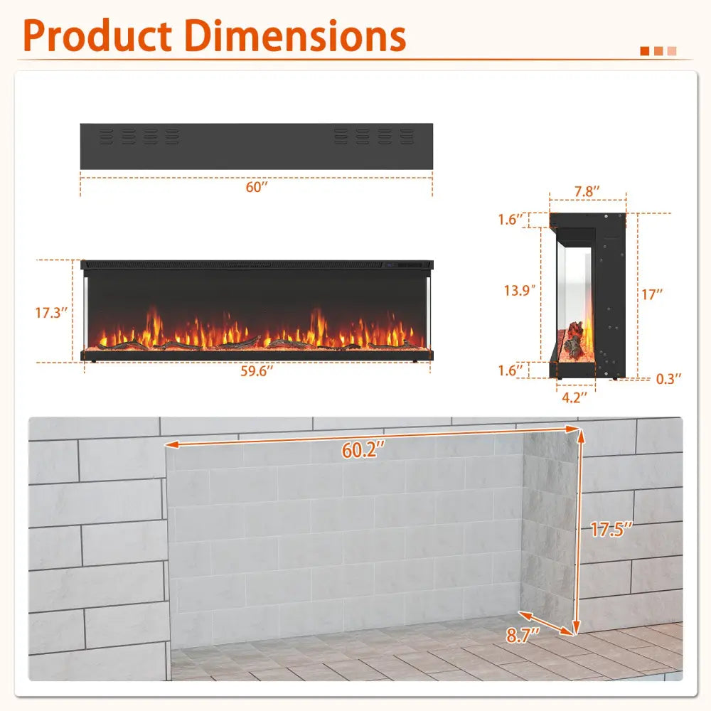 36/40/50/60 Inch Wide 3-Sided Electric Fireplace Insert with Remote Control and 12 Flame Colors-60 inch - Fireplaces