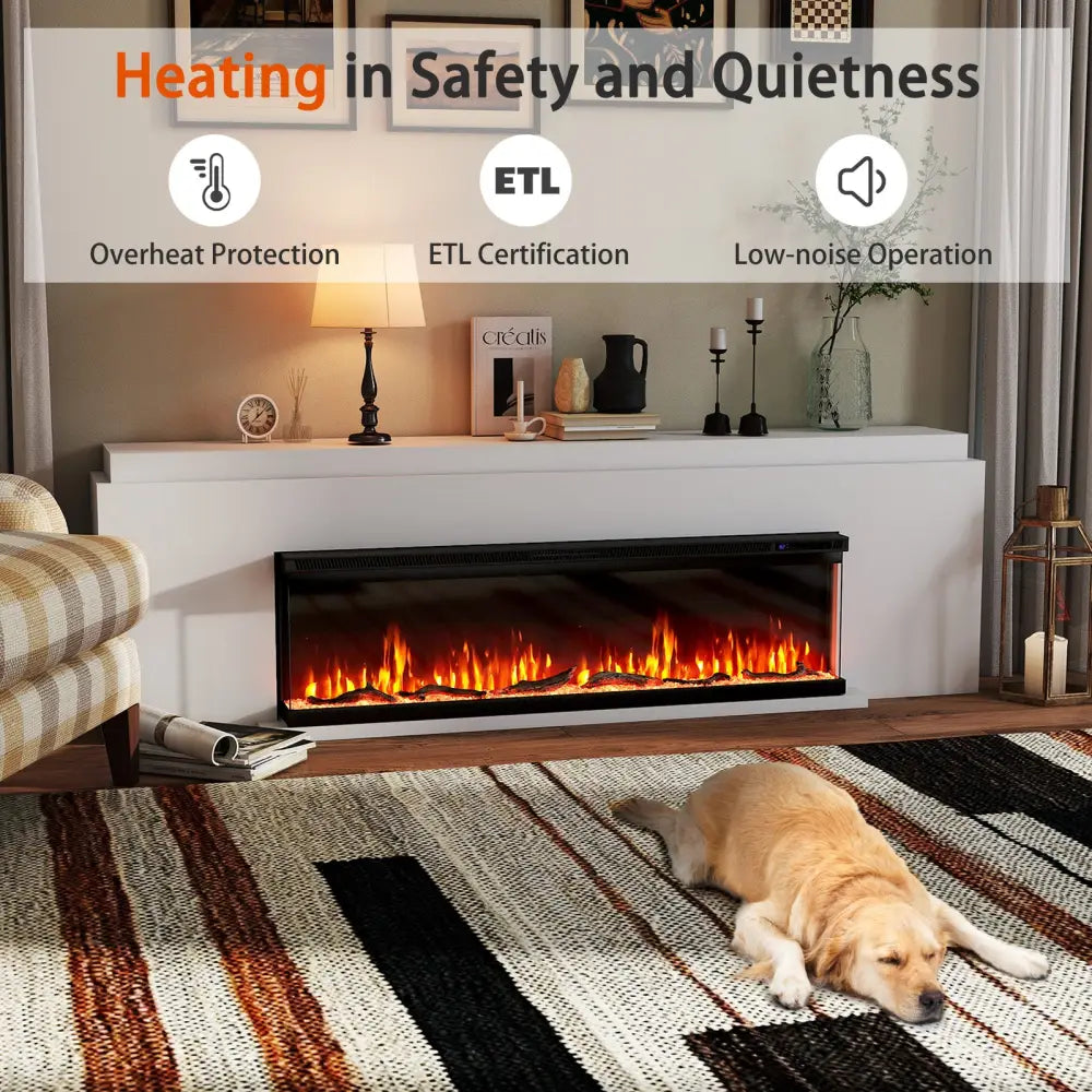 36/40/50/60 Inch Wide 3-Sided Electric Fireplace Insert with Remote Control and 12 Flame Colors-60 inch - Fireplaces