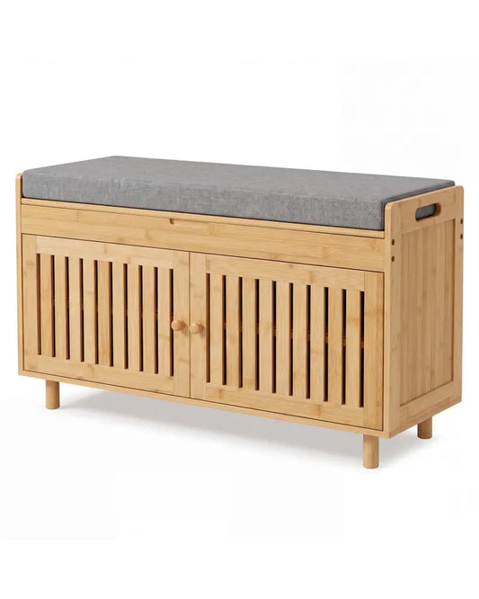 36’’ Bamboo Shoe Storage Bench with Lift Top and Cushion for Hallway-Natural - Natural - Shoe Racks & Storage Benches