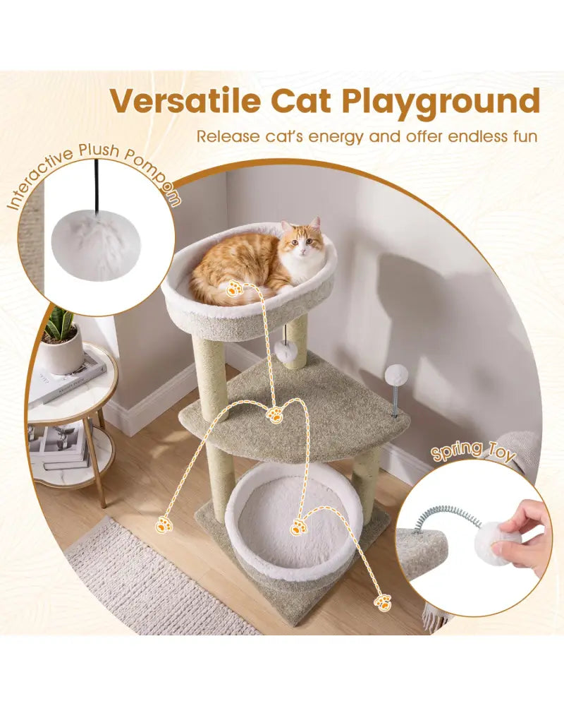36’’ Carpeted Cat Tree with Plush Perches Scratching Posts and Dangling Ball - Cat Trees Condos & Scratchers