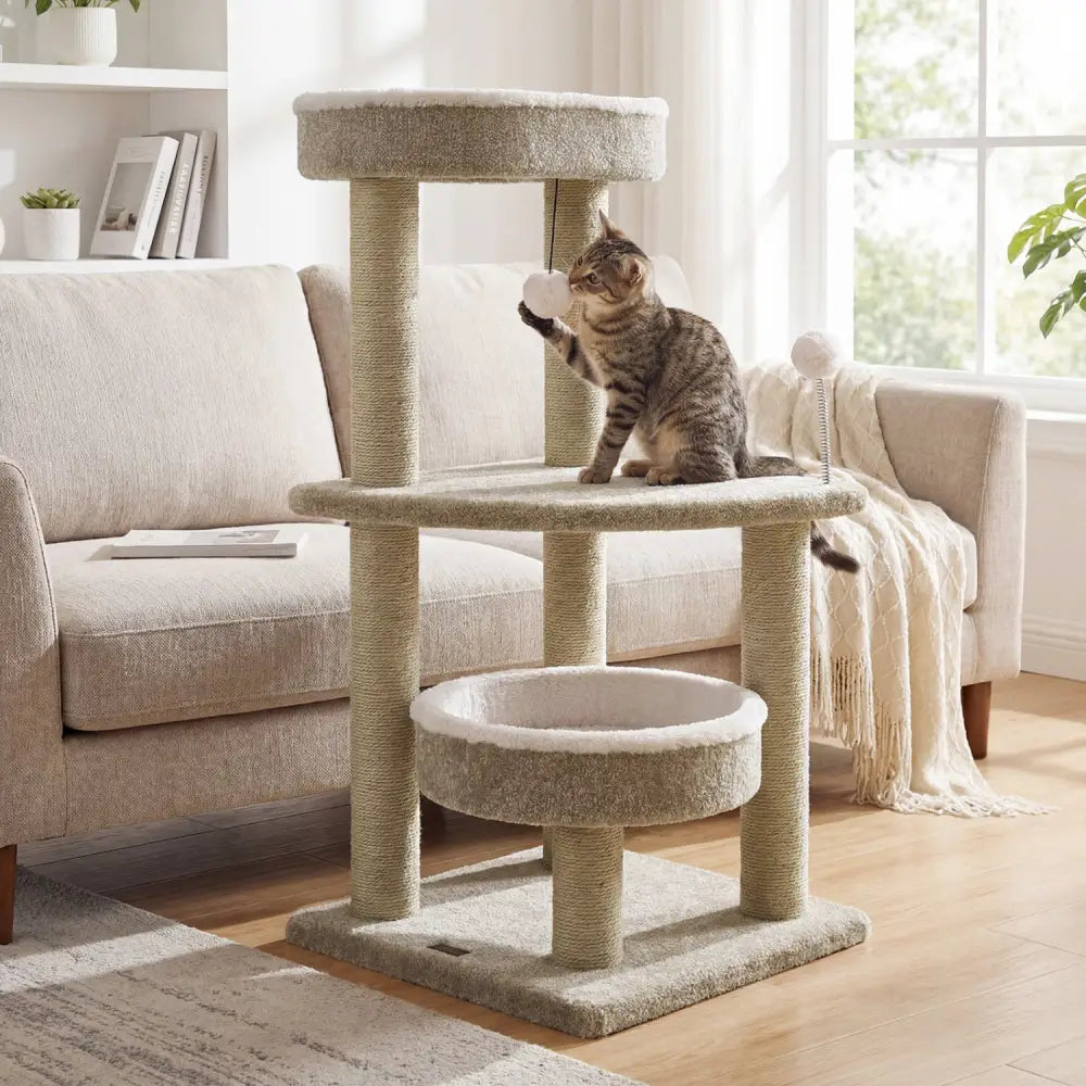 36’’ Carpeted Cat Tree with Plush Perches Scratching Posts and Dangling Ball - Cat Trees Condos & Scratchers